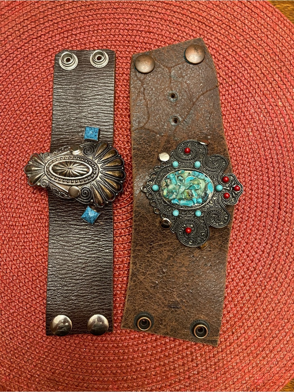 Western Leather Snap Bracelet with Turquoise and Red Accents